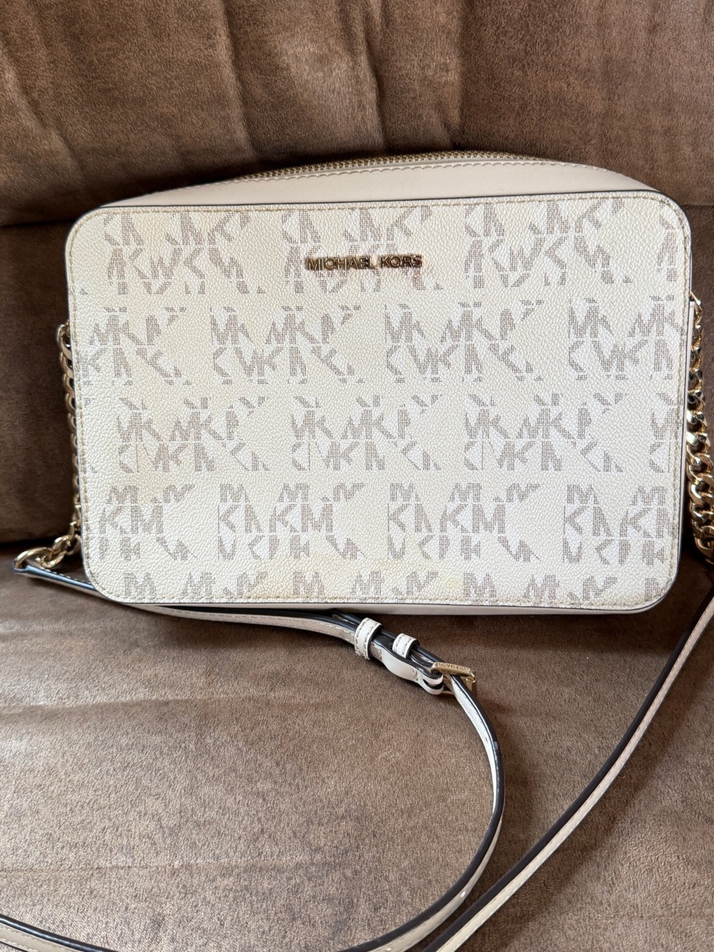 Michael Kors Cream and Taupe MK Logo Crossbody Bag